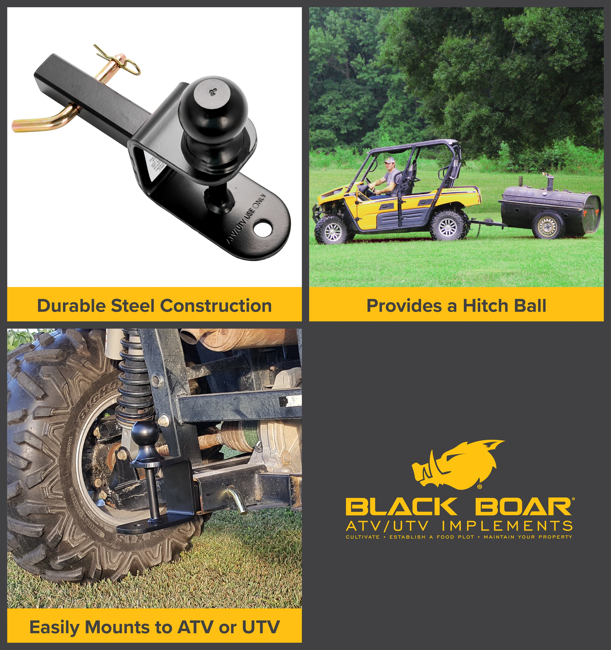 Black Boar ATV Multi-Hitch Ballmount - 2" ball, 1 1/4" shank - Black Boar ATV