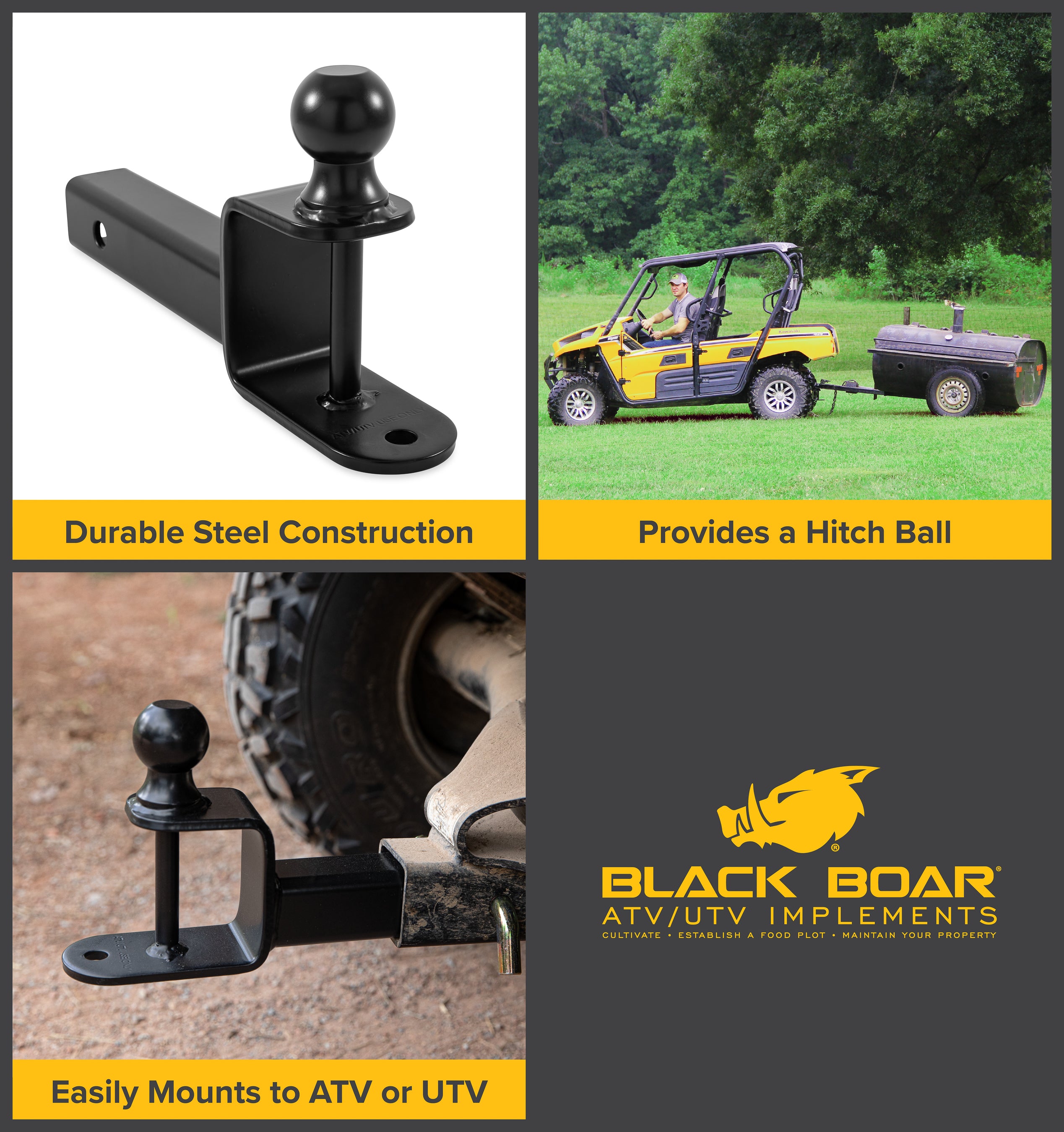 Black Boar ATV / UTV Extended Ball Mount, 1 7/8-Inch Ball, 2-Inch Shank - Black Boar ATV