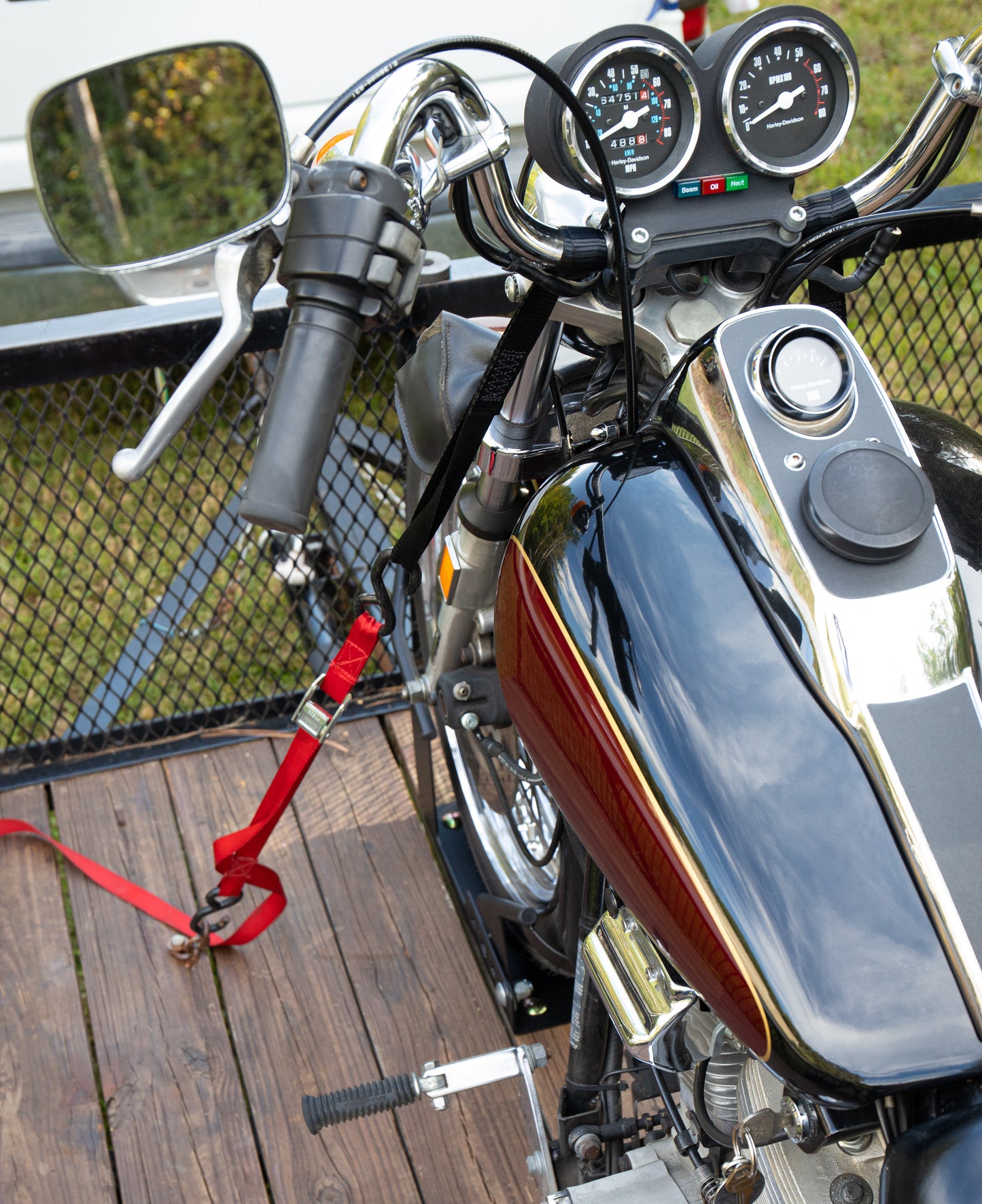 Black Boar Motorcycle Wheel Chock with Handlebar Straps